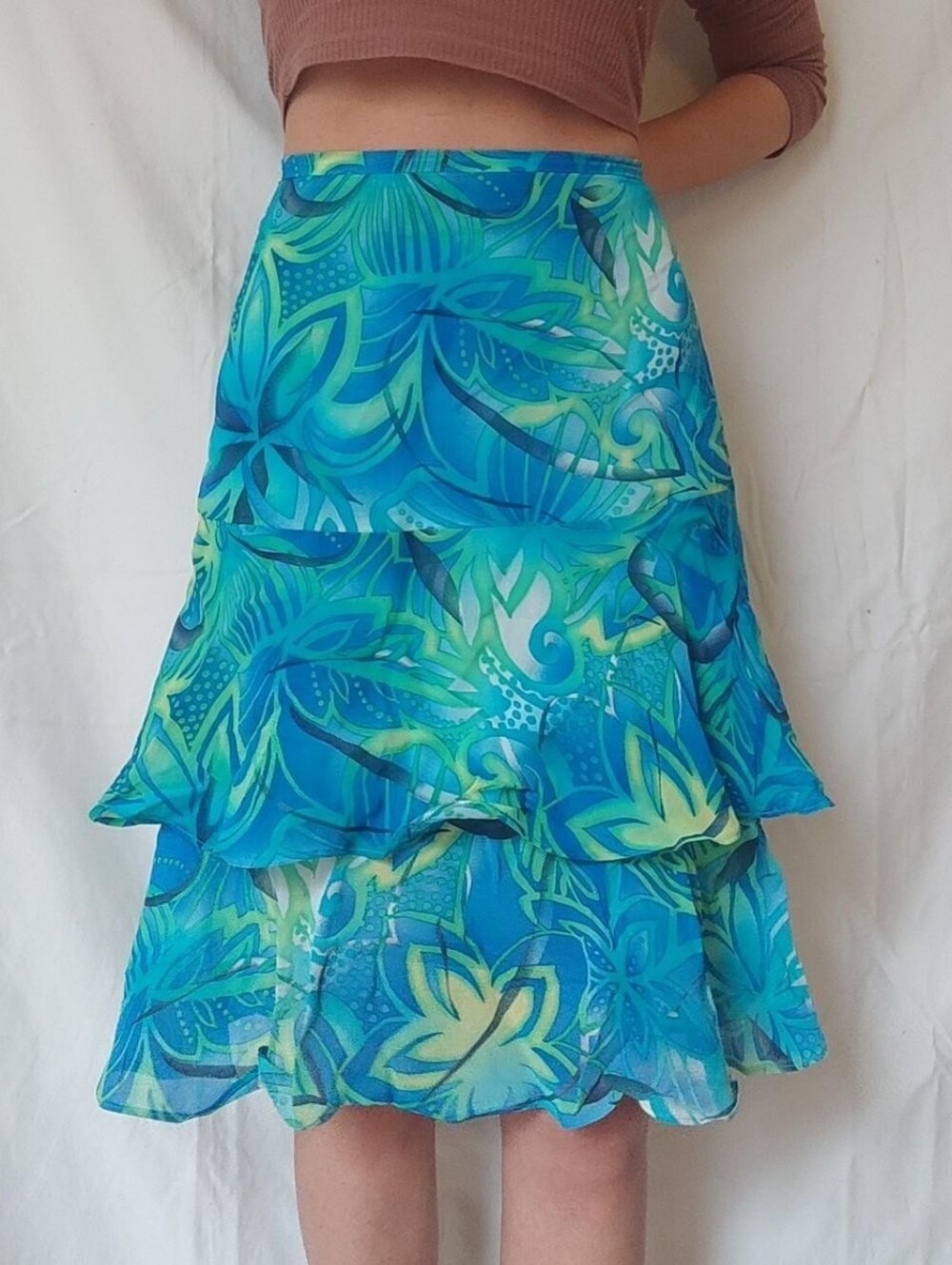 Studio Petites Blue Green Tropical Abstract Knee Length Ruffled Skirt